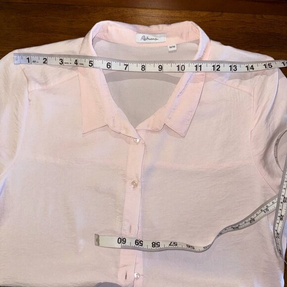 Reitmans pink partial sheer 3/4 length sleeved collared button feminine flowy - Picture 5 of 12